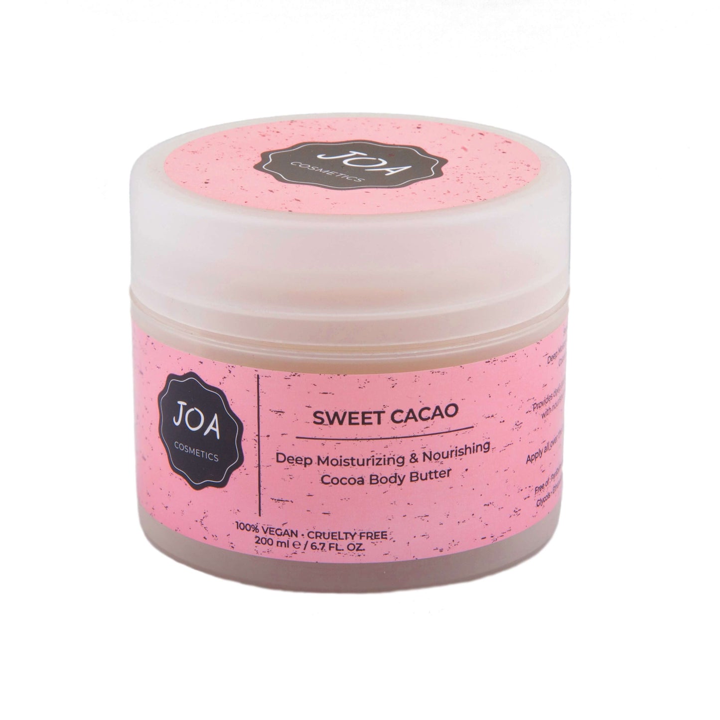 Deep Moisturizing & Nourishing Cocoa Body Butter 200 ml. 100% Vegan - Cruelty Free. Provides deep and soothing hydration along with nourishement for very dry skin. Free of: Parabens, Mineral Oil, Propylene Glycols, Ethanolamine, Triethinolamine.